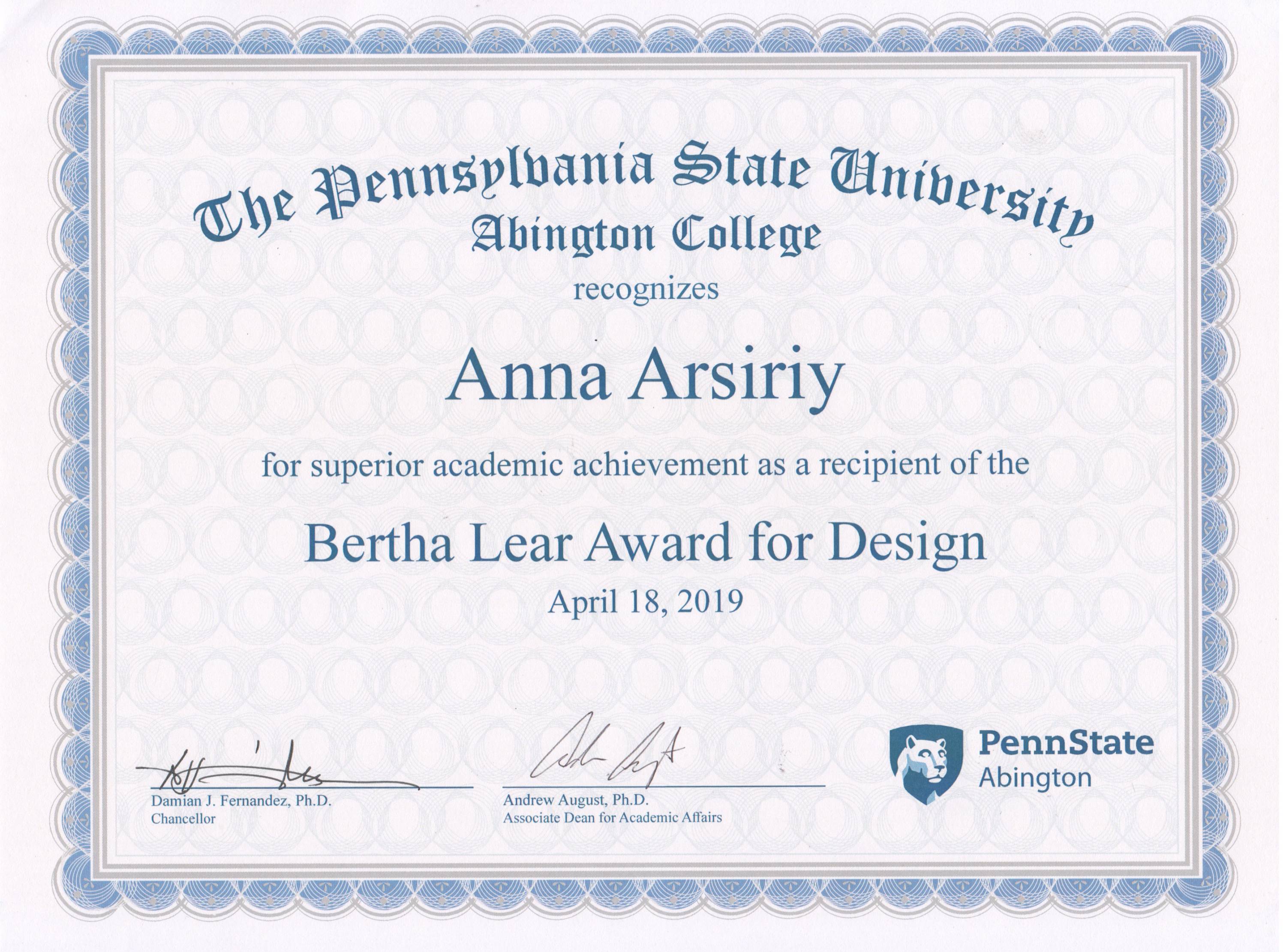 Bertha Lear Design Award