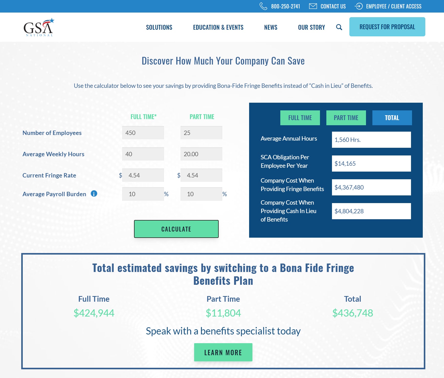 GSA National home page calculator screen